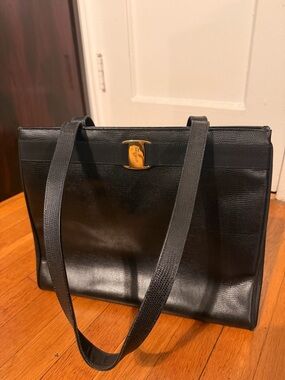 Salvatore Ferragamo Black Leather Shoulder Bag with Gold Logo